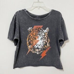 Caution To The Wind Tiger Graphic T-Shirt Gray Cotton Cropped Women's Size S
